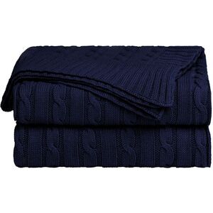 100% Cotton Throw Blanket for Sofa Soft Cable Knit Blanket 50" x 60" Navy Blue